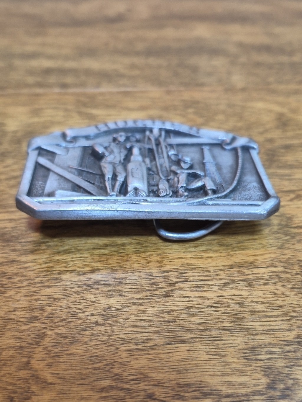 VINTAGE Pewter Hughes Oil Tool Division Belt Buckle Rock Bit Drilling Rig Detail