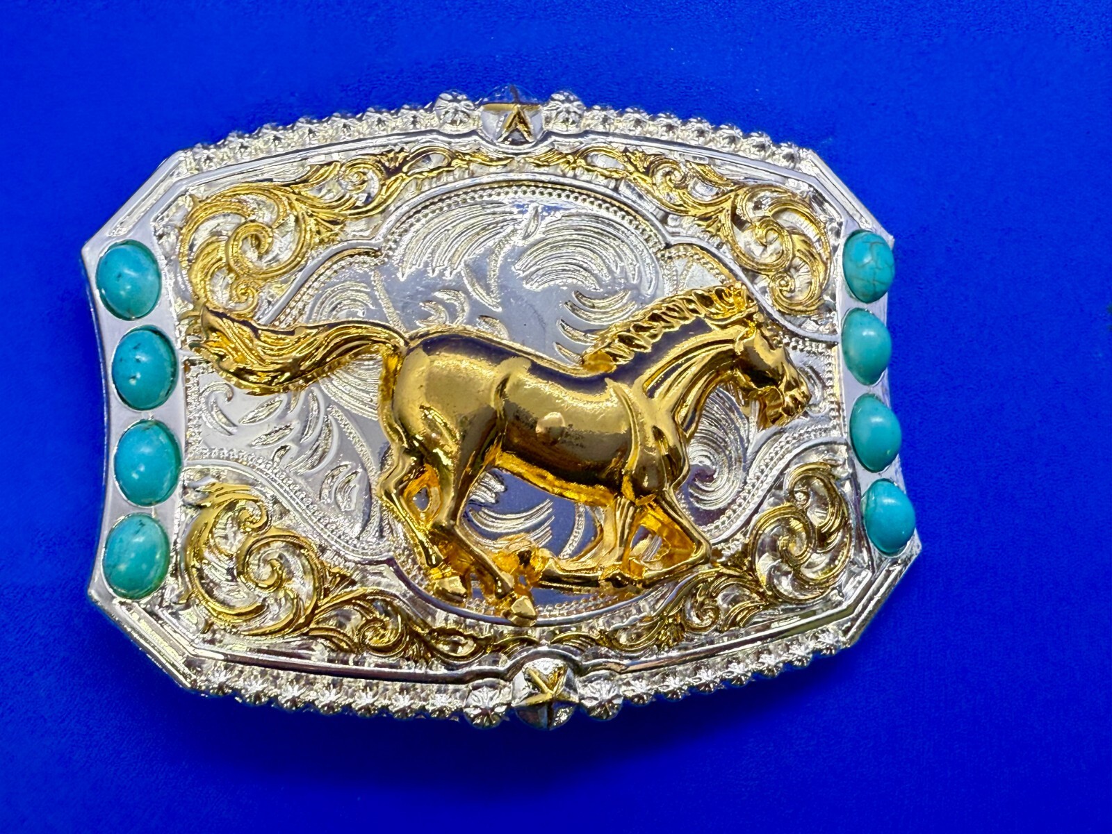 Running Galloping Mustang Stallion Horse W/ Faux Turquoise Stones Belt Buckle