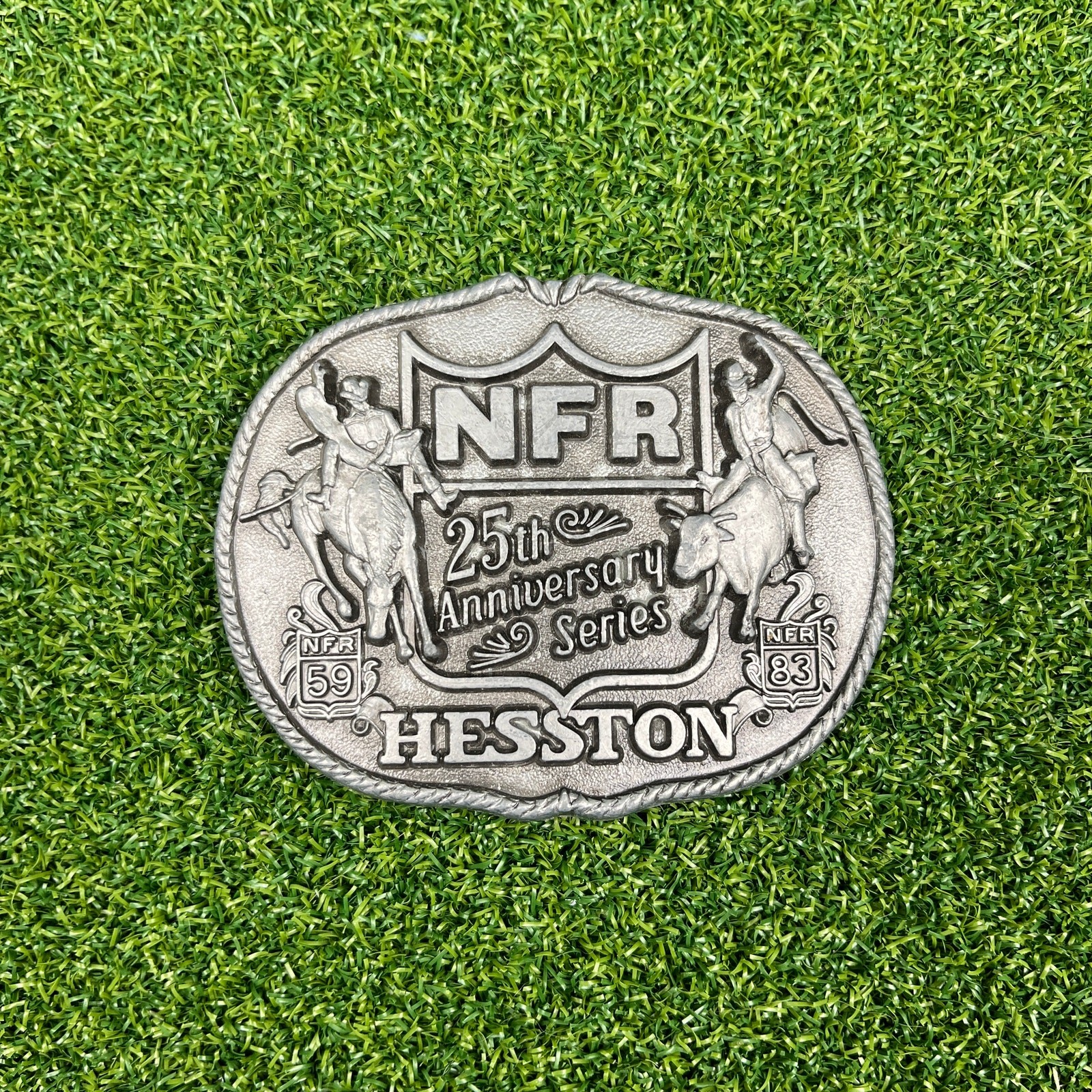 Vintage 90s NFR National Finals Rodeo Belt Buckle 25th Anniversary Hesston