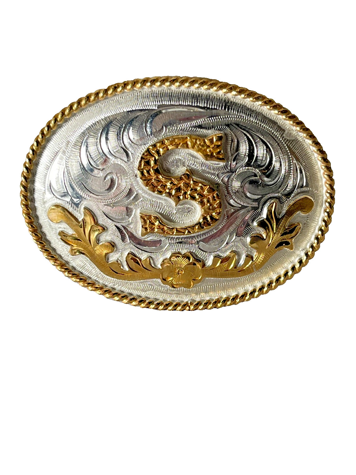 Western Initial Belt Buckle 3.5 x 2 5/8 in Oval S Silver Engraved Gold 1.75
