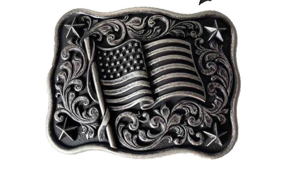 Nocona Mens Belt Buckle 3.75 x 3 in US Flag Star Western Matte Black Silver 1.5