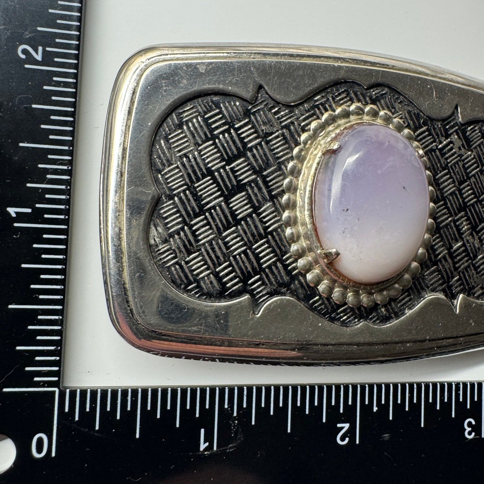 Vintage Western Style Oval Stone Belt Buckle Silver Tone Woven Pattern