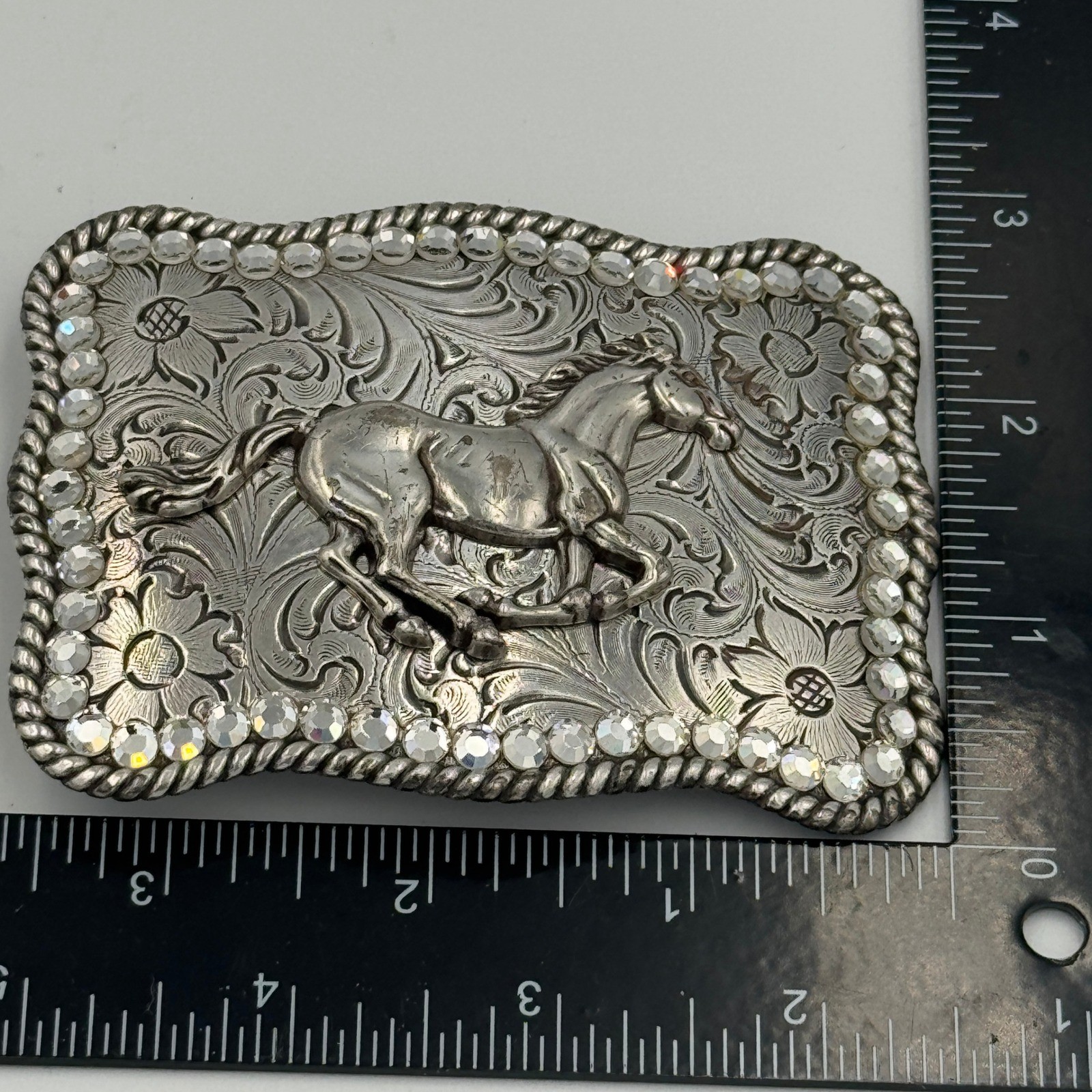 Western Horse Belt Buckle Silver Tone Floral Engraved Rhinestone Border Rodeo