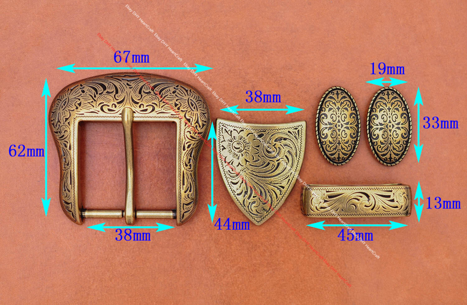 Antique Brass Western Cowboy Rodeo Floral 5 pcs Set Belt Buckle fit 1-1/2&Prime; Belt