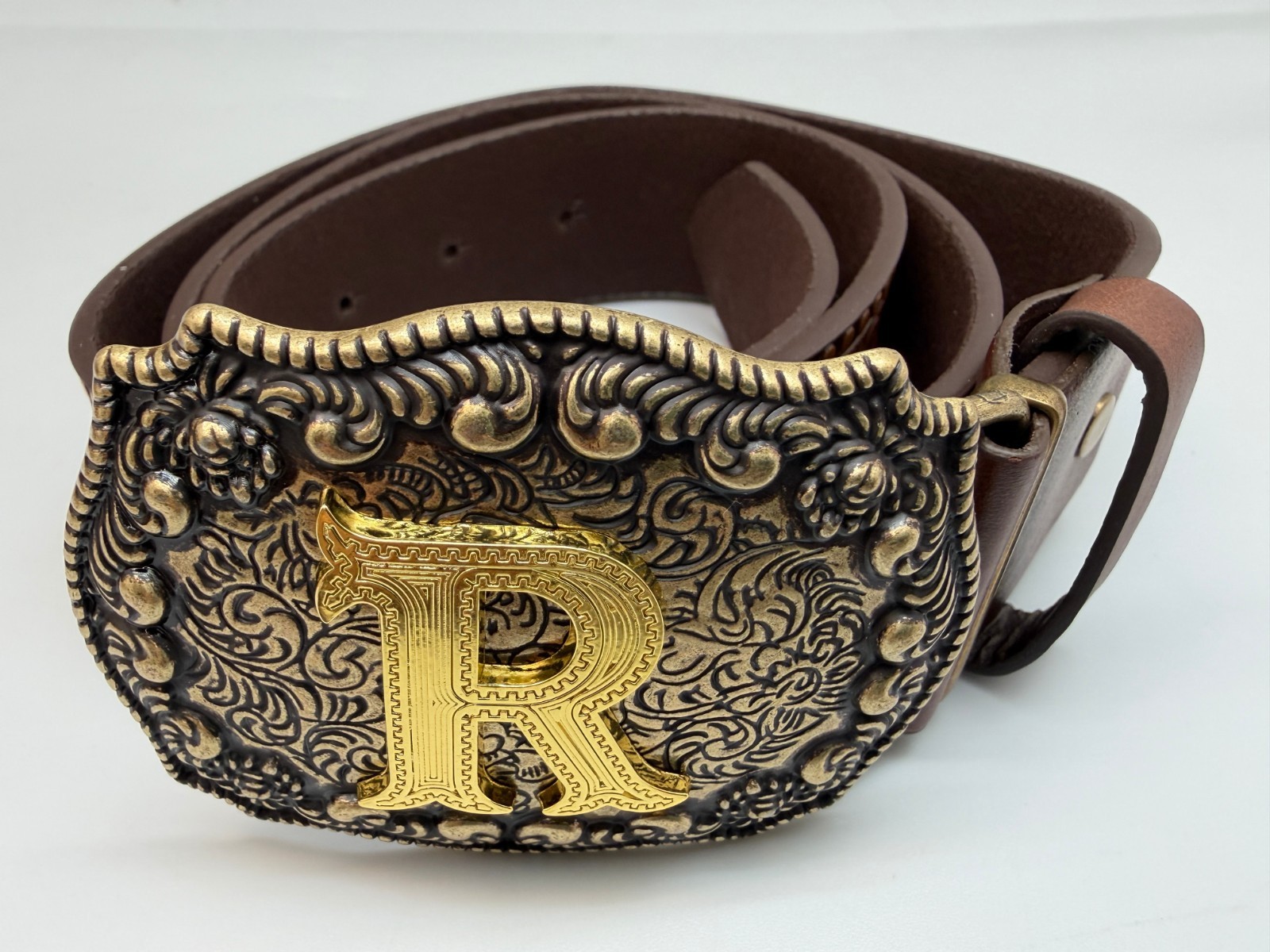 Antiqued Silver Letter Initial R Gold Classic Rectangle Flower Belt Buckle