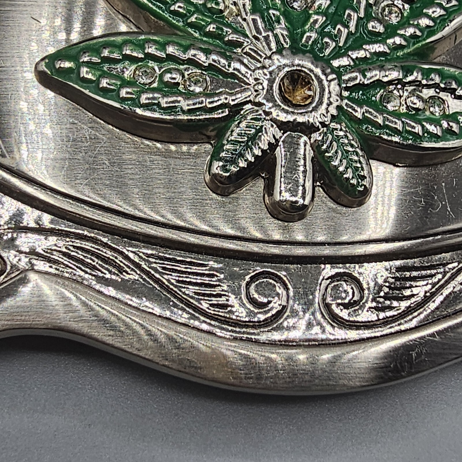 Marijuana Leaf Belt Buckle Mary Jane Pot Silver Tone Green Enamel Oversized