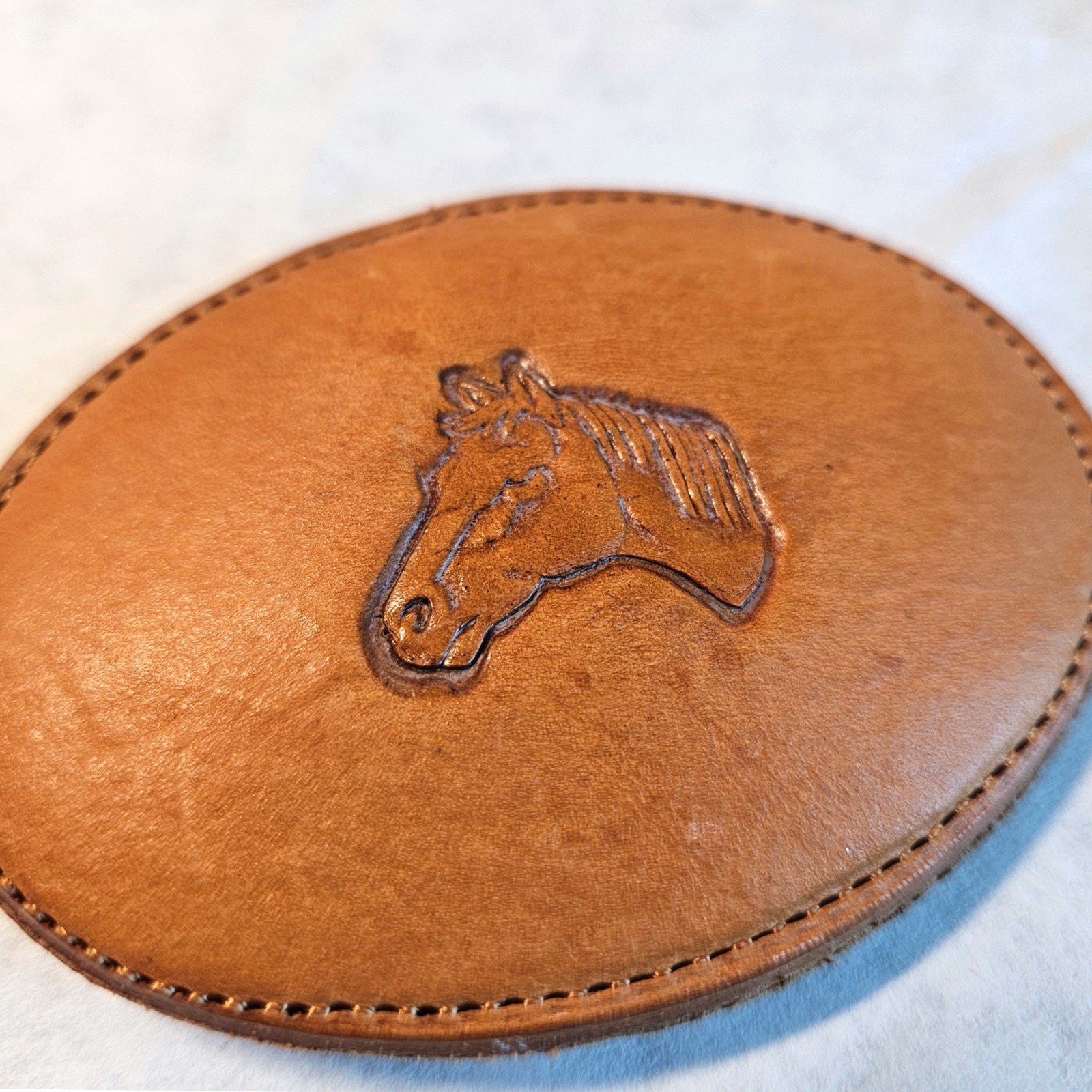 Vintage Leather Oval Belt Buckle Embossed Horse Head Western Equestrian Rodeo