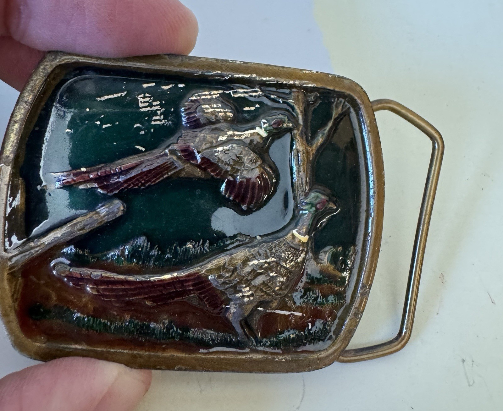 1978 Indiana Metal Craft Ring-Necked Pheasant Belt Buckle Hunting Wildlife Green