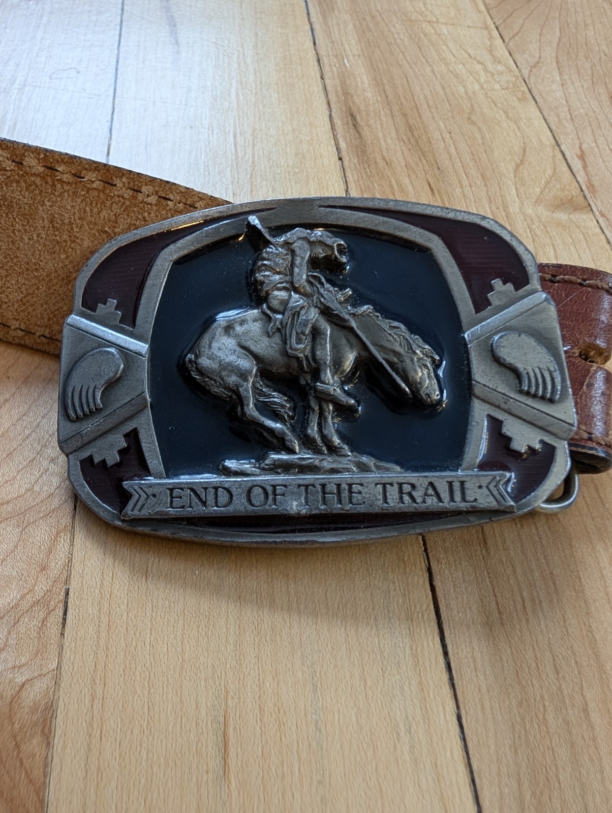 Western Belt Buckle with Horse &lsquo;End of the Trail&rsquo; leather embossed USA Belt