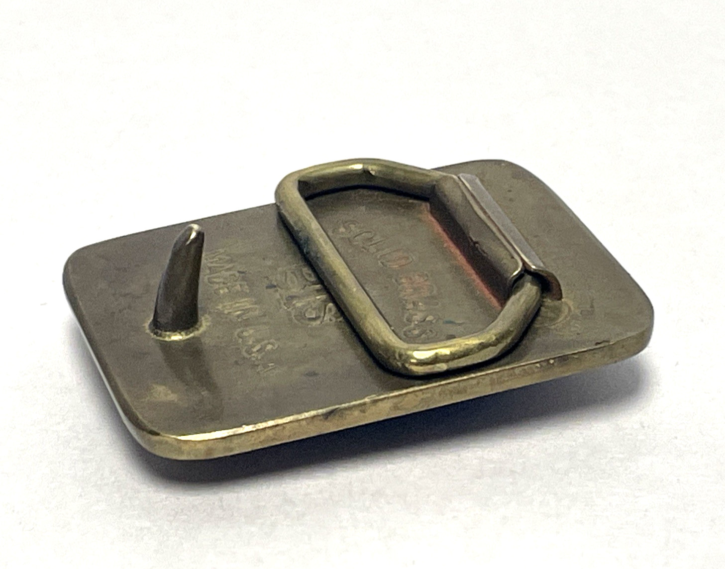Vintage BTS Solid Brass Belt Buckle Brown Stone Cabochon Made USA 2&Prime; x 1.5&Prime; 79g