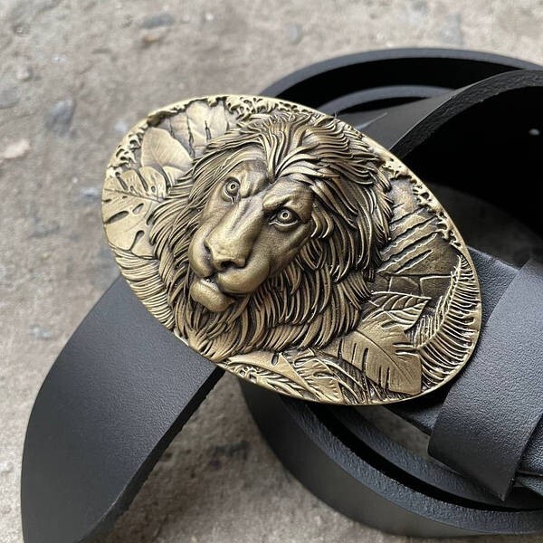 Mens Belt Buckle « LION » Solid Handmade Brass Buckle Vintage Viking