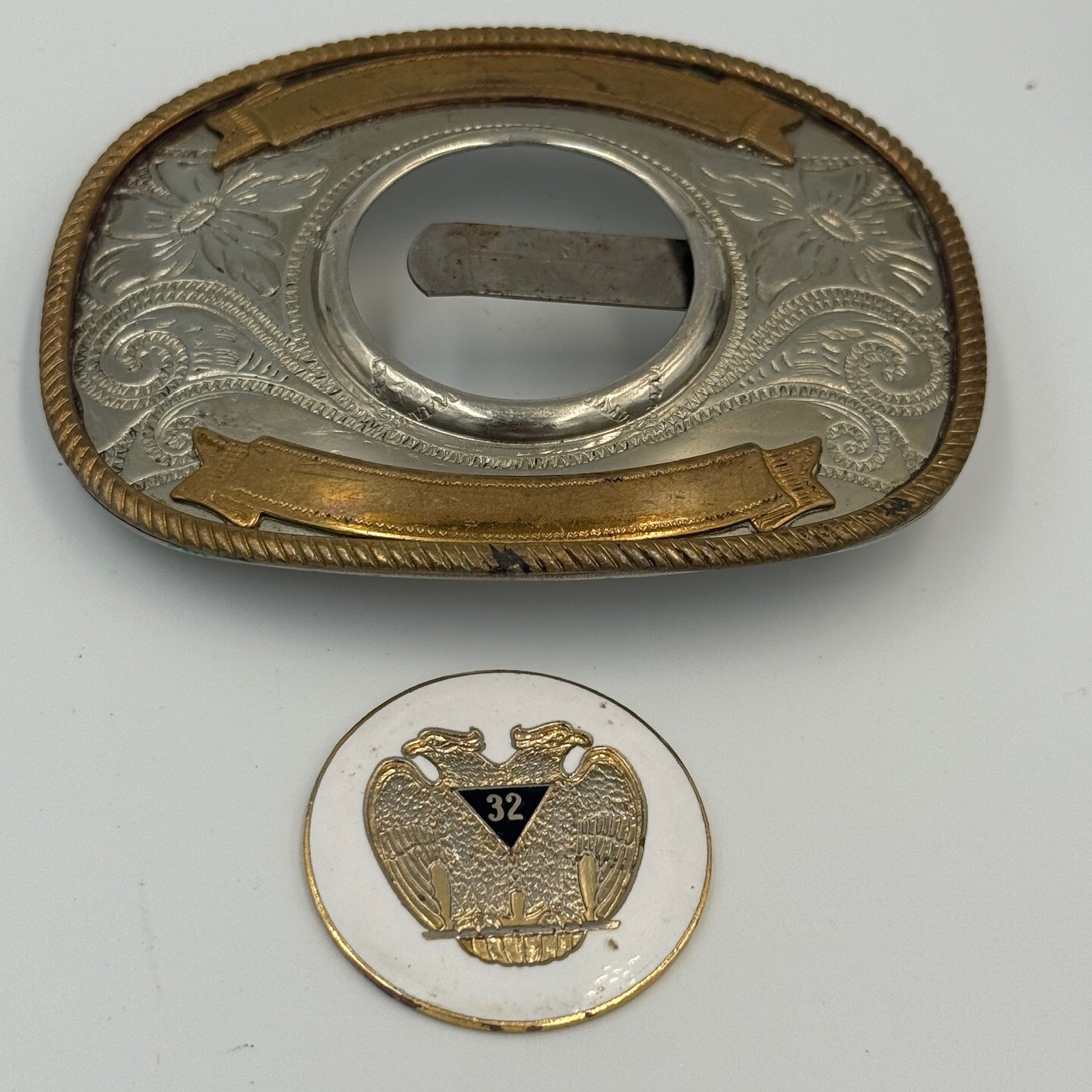 Vintage German Silver Masonic 32nd Degree Scottish Rite Western Belt Buckle