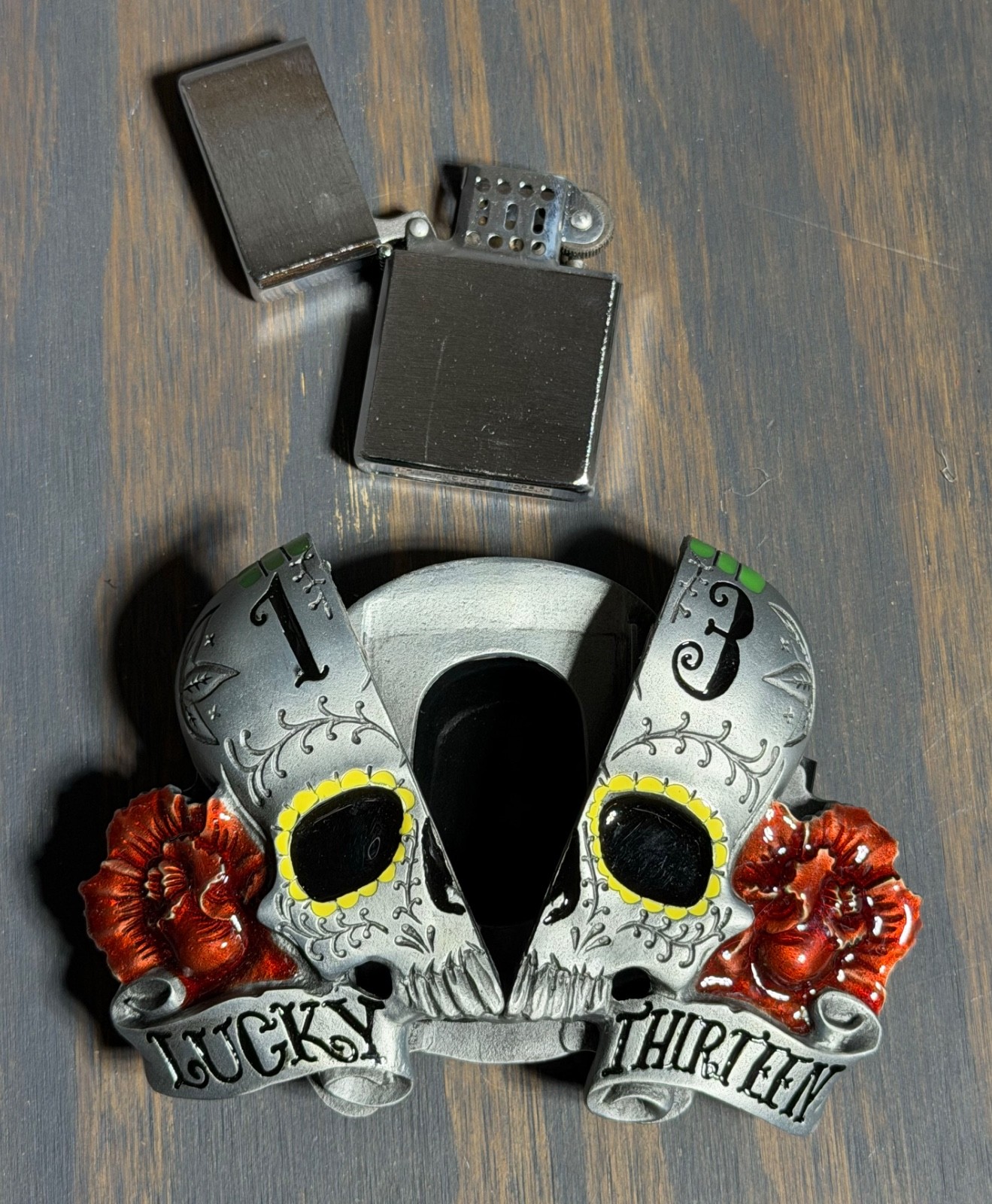 Lucky 13 Apparel Sugar Skull Roses Zippo Lighter Holder Belt Buckle Rare Y2K