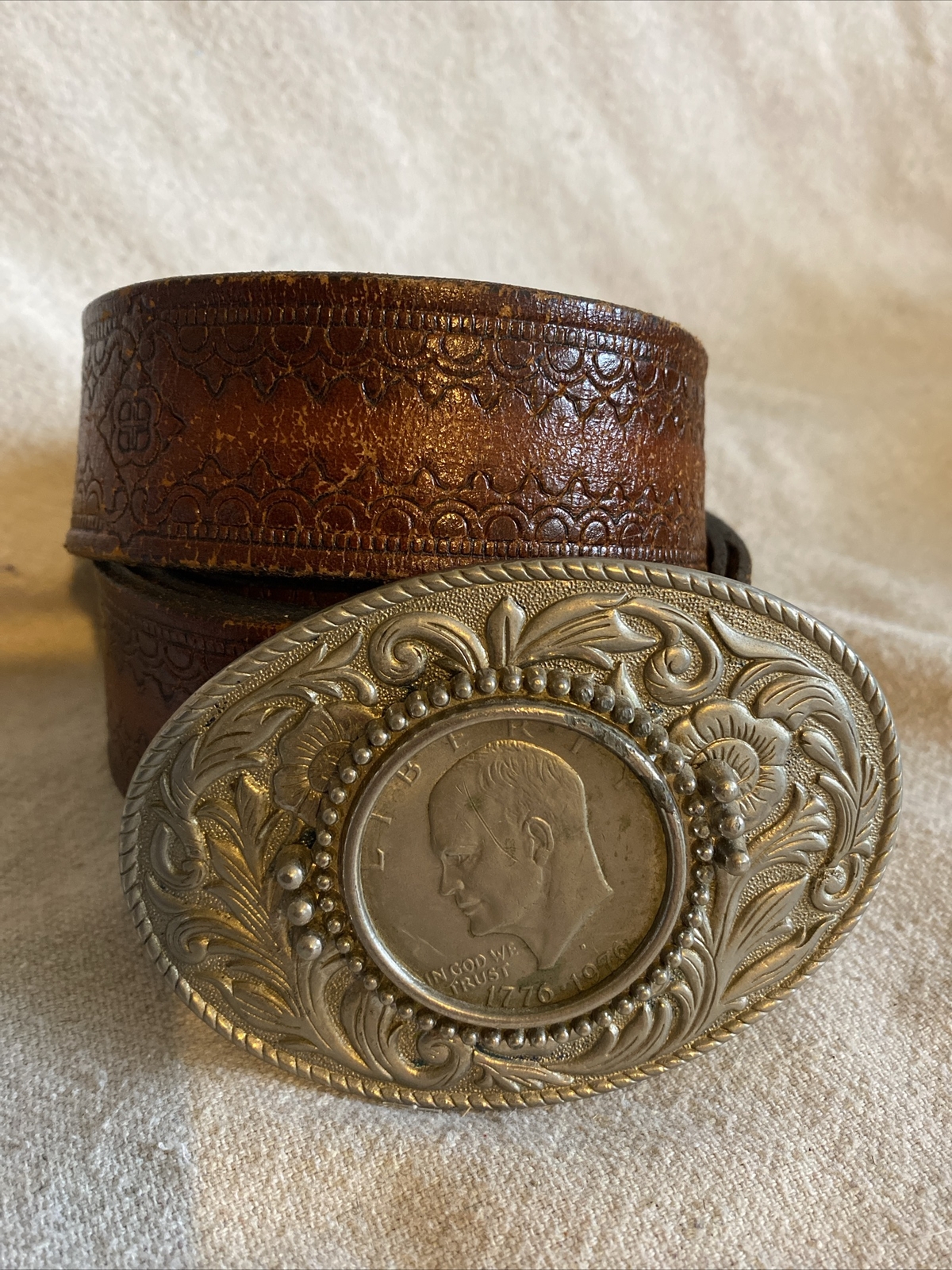 1976 Leather Bicentennial Silver Liberty Belt And Buckle Eisenhower 50” X 1.5”