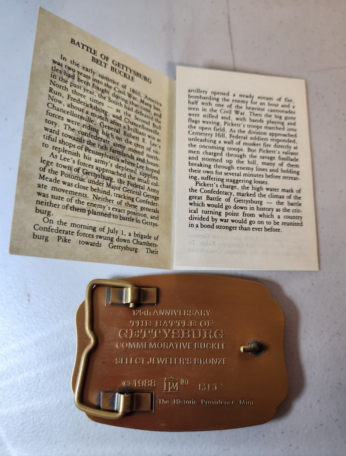 1988 Historic Providence Mint, Gettysburg 125th Anniversary Belt Buckle, Bronze