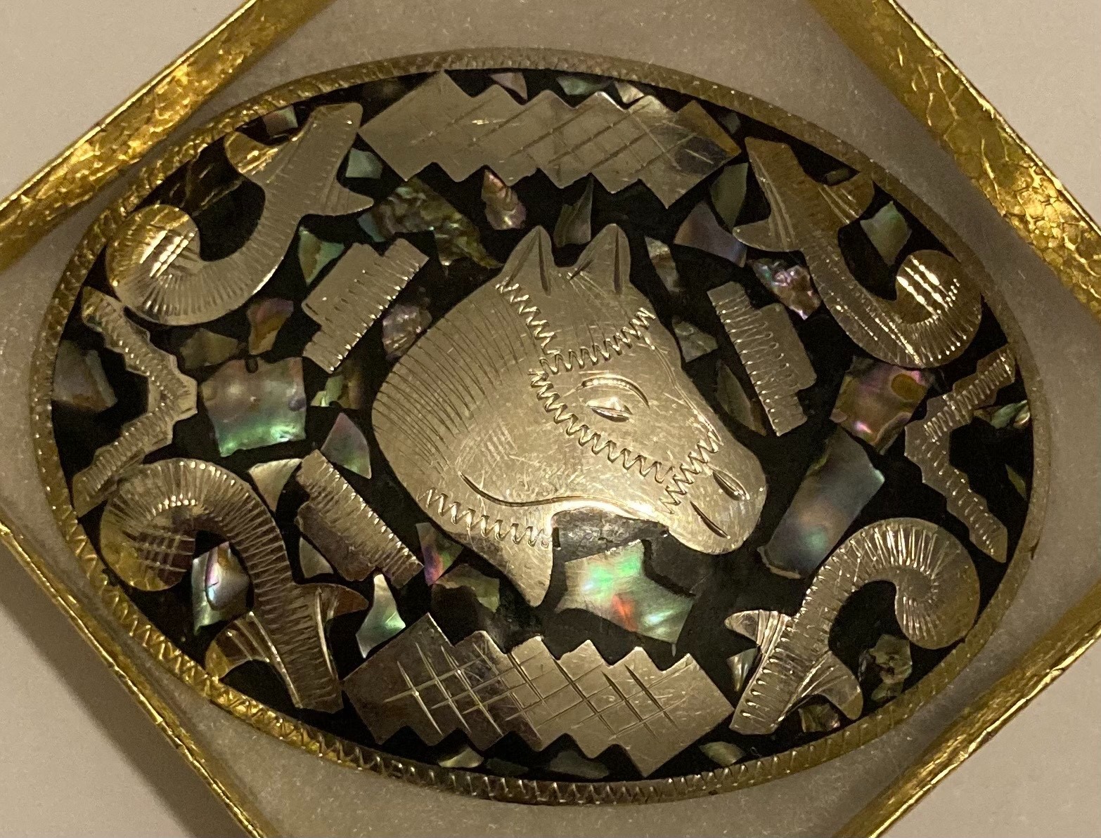 Vintage Metal Belt Buckle, Alpaca Silver and Abalone Design, Nice Horse Head
