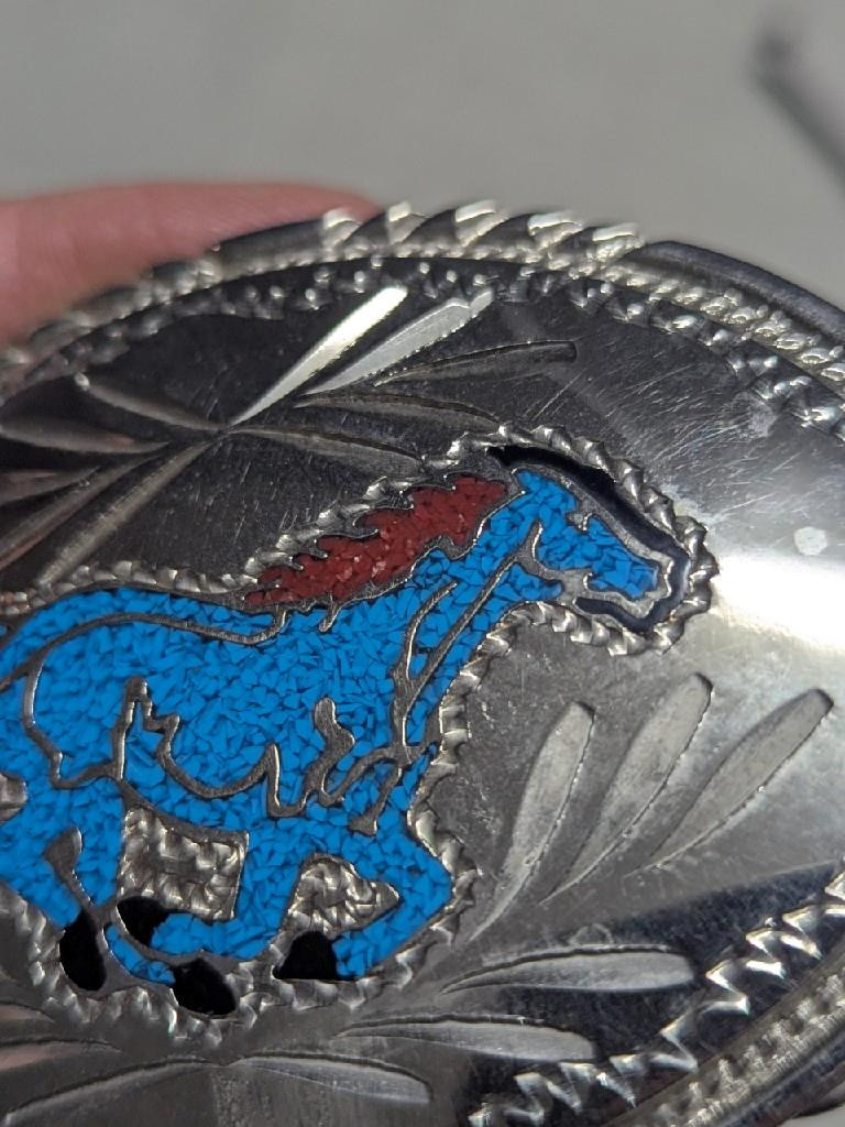 vintage USA made HANDCRAFTED belt buckle HORSE bronco TURQUOISE inlay WESTERN