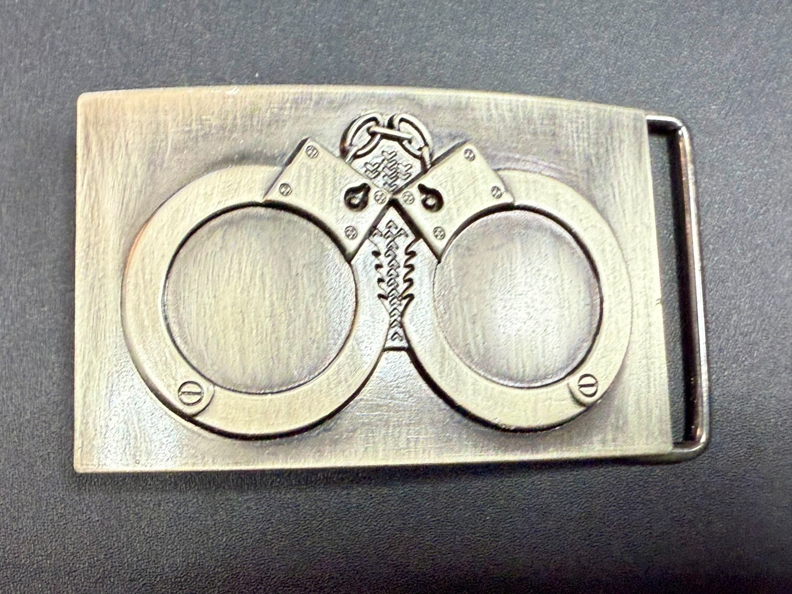 Hand Cuffs Raised Handcuffs on Silver Color Rectangular Belt Buckle