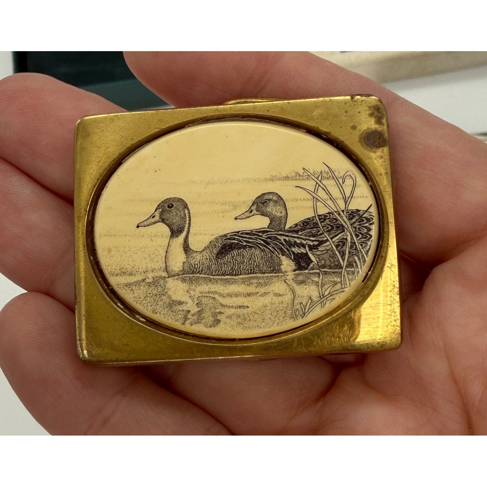 Vintage Barlow Solid Brass Belt Buckle Mallard Duck Scrimshaw Art Made in USA