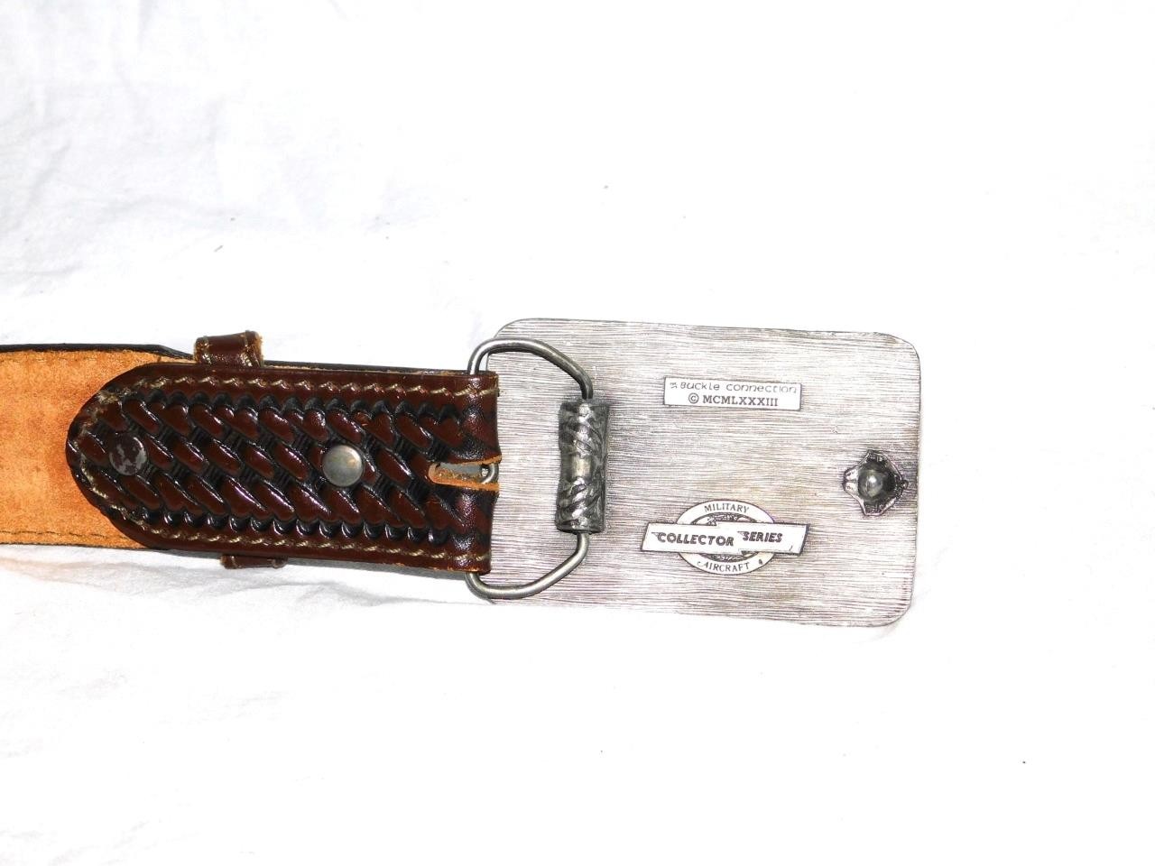 VTG AT-38B Fighter Jet Belt Buckle On Size 38 Brown Woven Leather Belt USAF