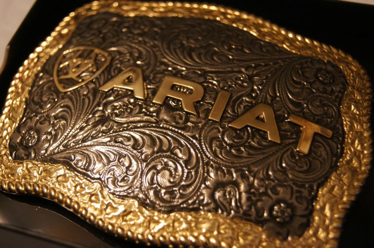 Ariat Western Belt Buckle Rectangle Floral Logo Silver & Gold Tone A37014