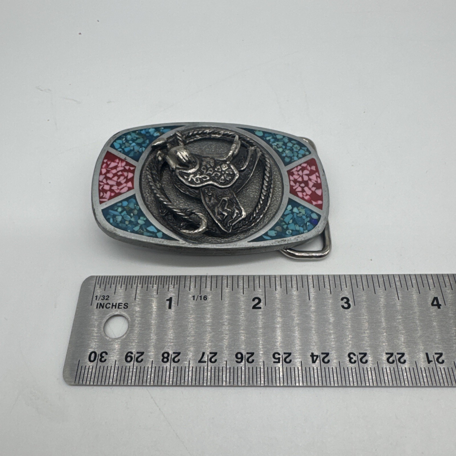 Vtg Southwest 3D Rope And Saddle Turquoise Red Coral Chip Inlaid Belt Buckle