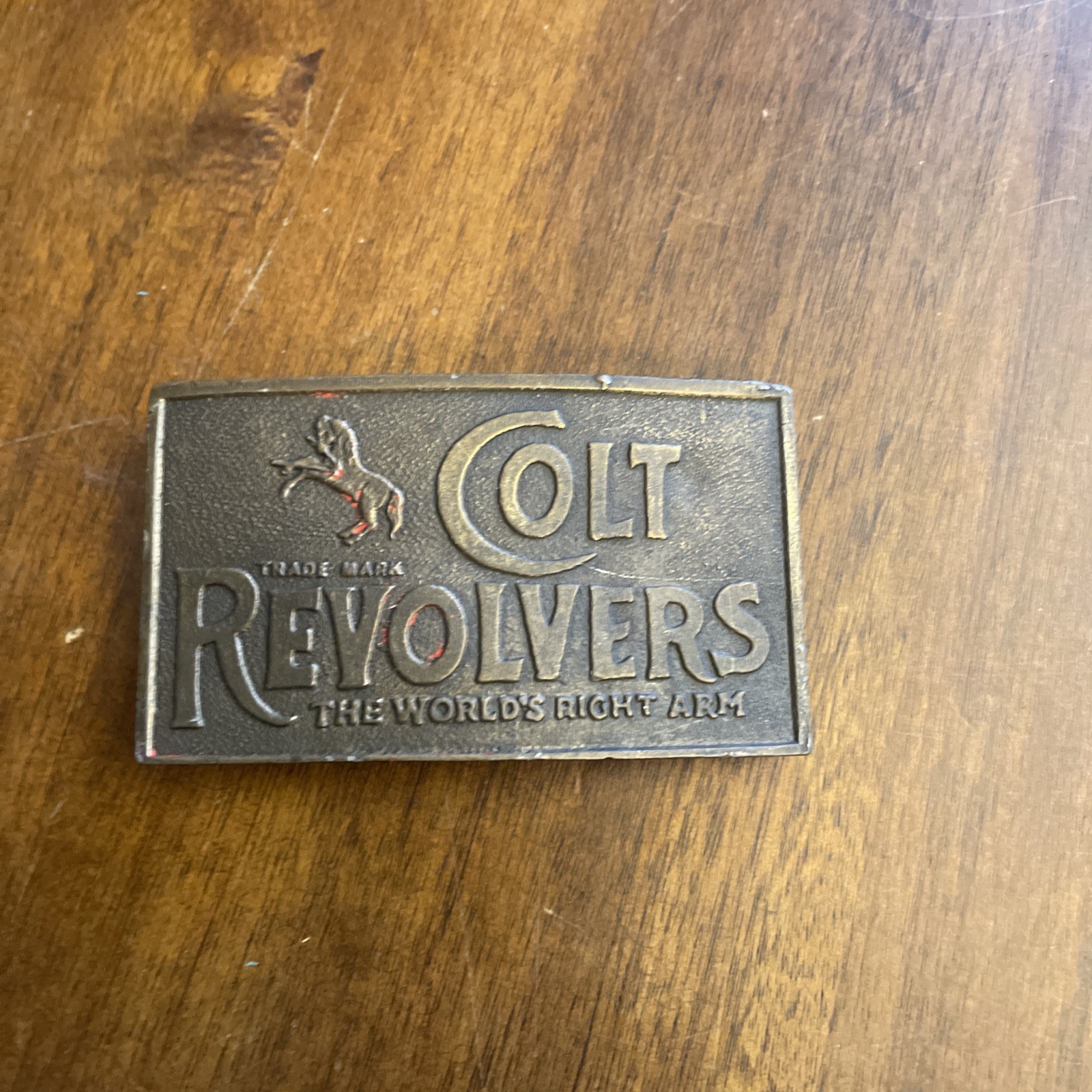 VINTAGE COLT REVOLVERS BRASS BELT BUCKLE ~ ANTIQUE FINISH
