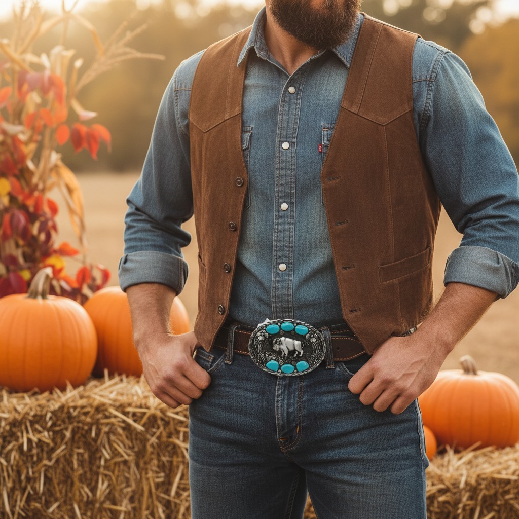 Men Western Belt Buckle Dark Silver Metal Cowboy Bison Buffalo Ox Oval Shape