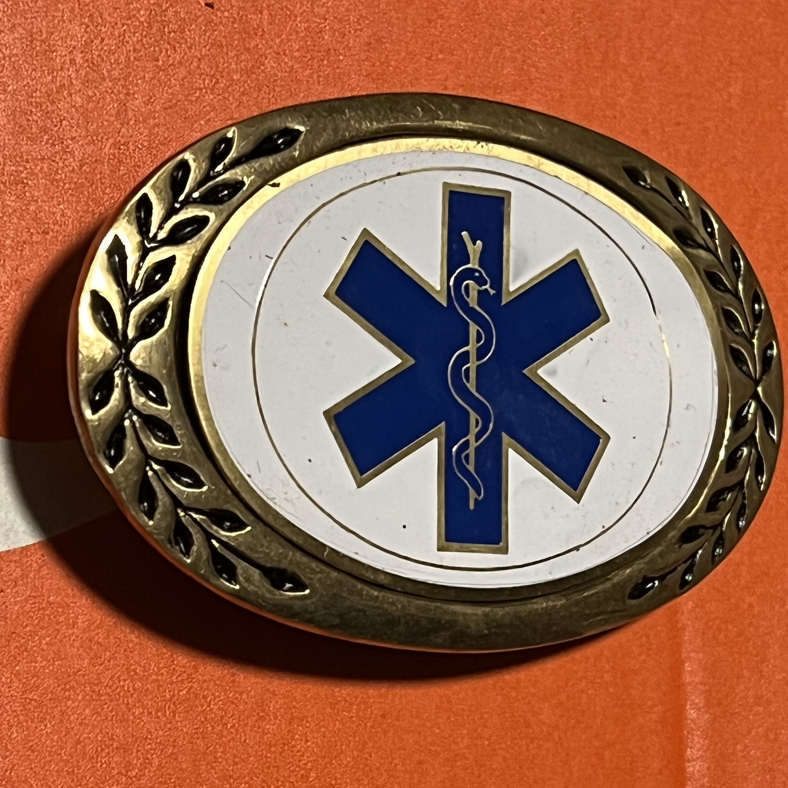 Vintage Solid Brass Star of Life EMS EMT Medical Belt Buckle Blue White Gold B21