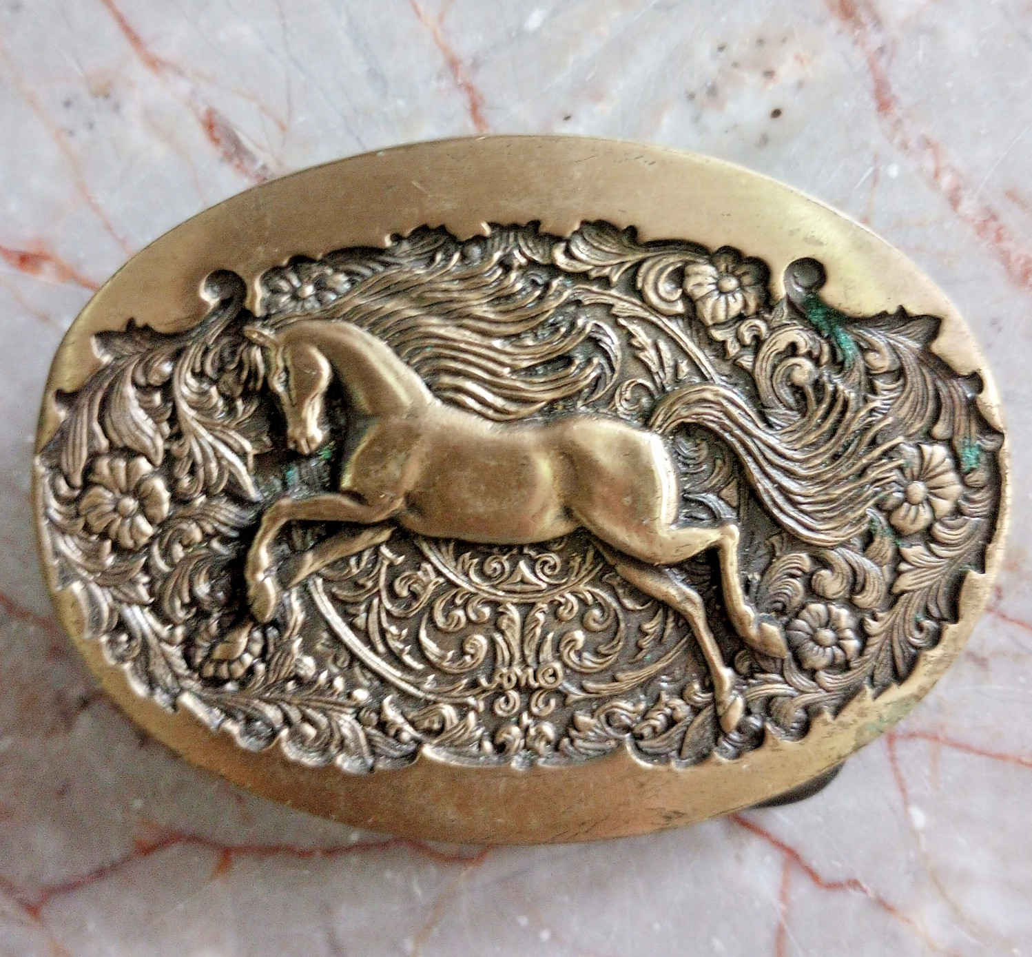 Vtg Award Design Medals Solid Brass Horse Belt Buckle Oval Western Floral Scroll