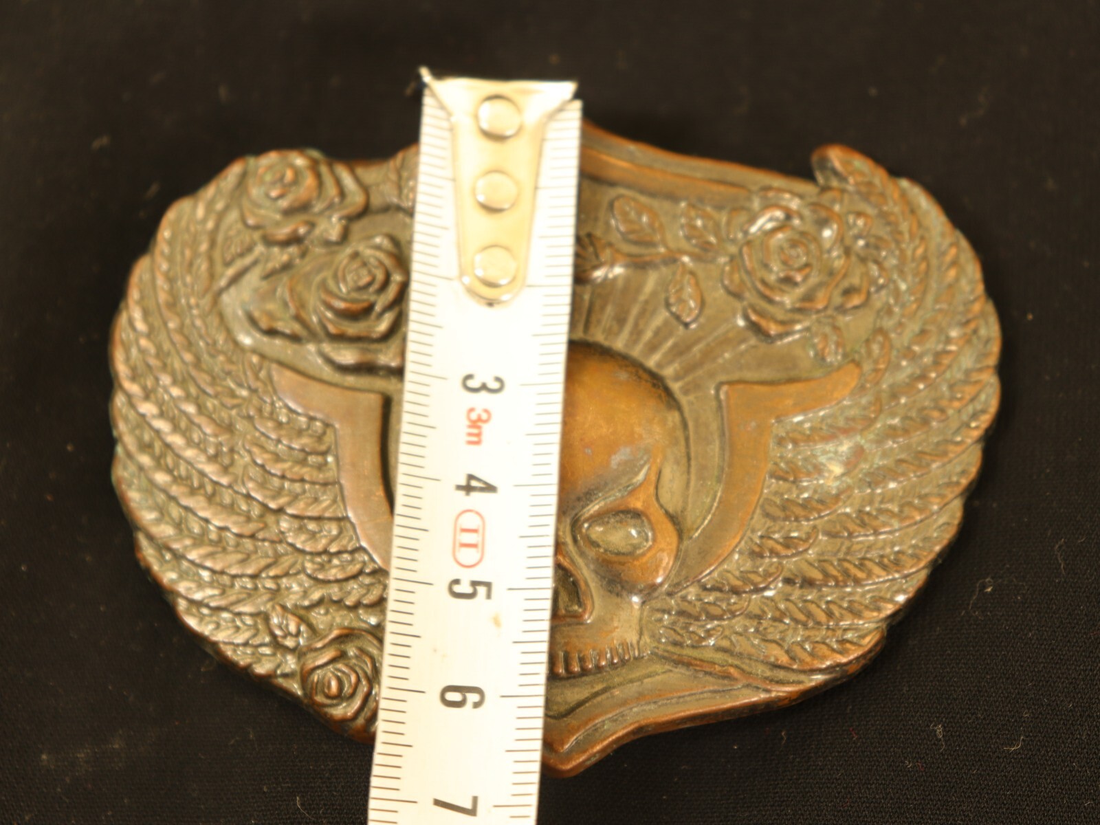 Winged Head Skull Pewter Belt Buckle Vintage Brass Flying Skull With Roses, USA