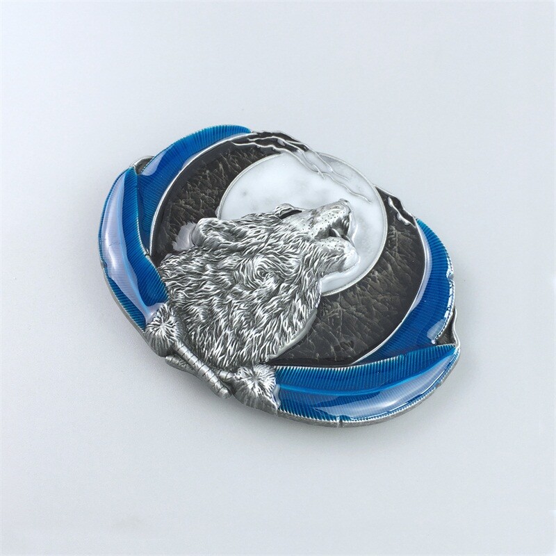Blue Enamel Western Wolf Moon Oval Belt Buckle also Stock in the US