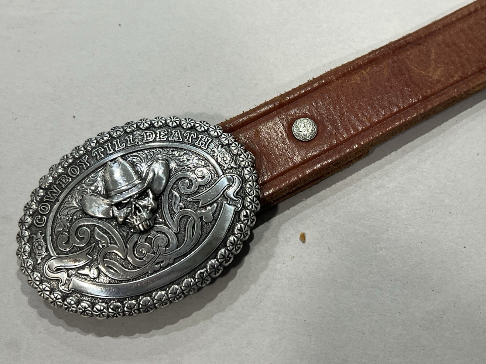 Crumrine Western Belt Buckle Cowboy Till Death Silver Creek Brown 36