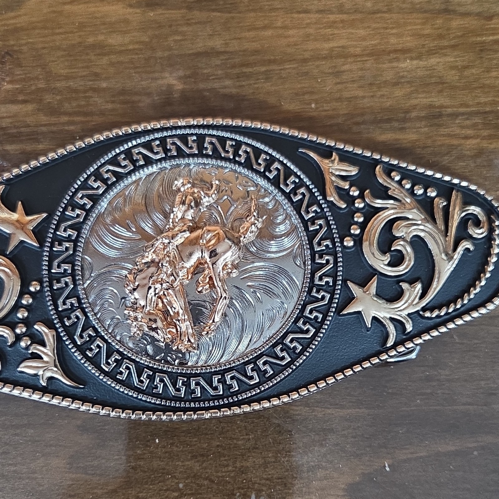 Oval Western Metal Belt Buckle Bull Rider Scroll Engraved Stars 1.5in
