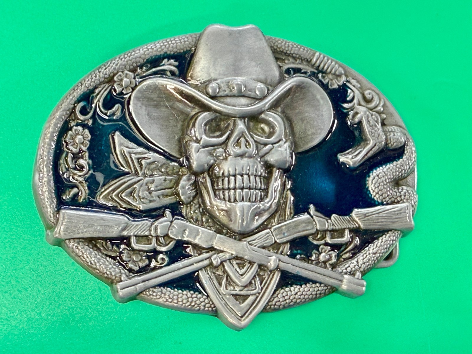 Cowboy Skull Bandana W/ Crossed Rifle Snakes Blue Background Western Belt Buckle