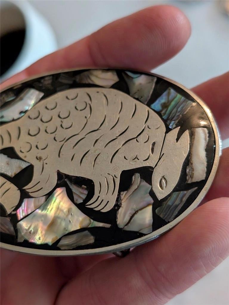 vintage HANDCRAFTED belt buckle ARMADILLO german silver ABALONE western nickel