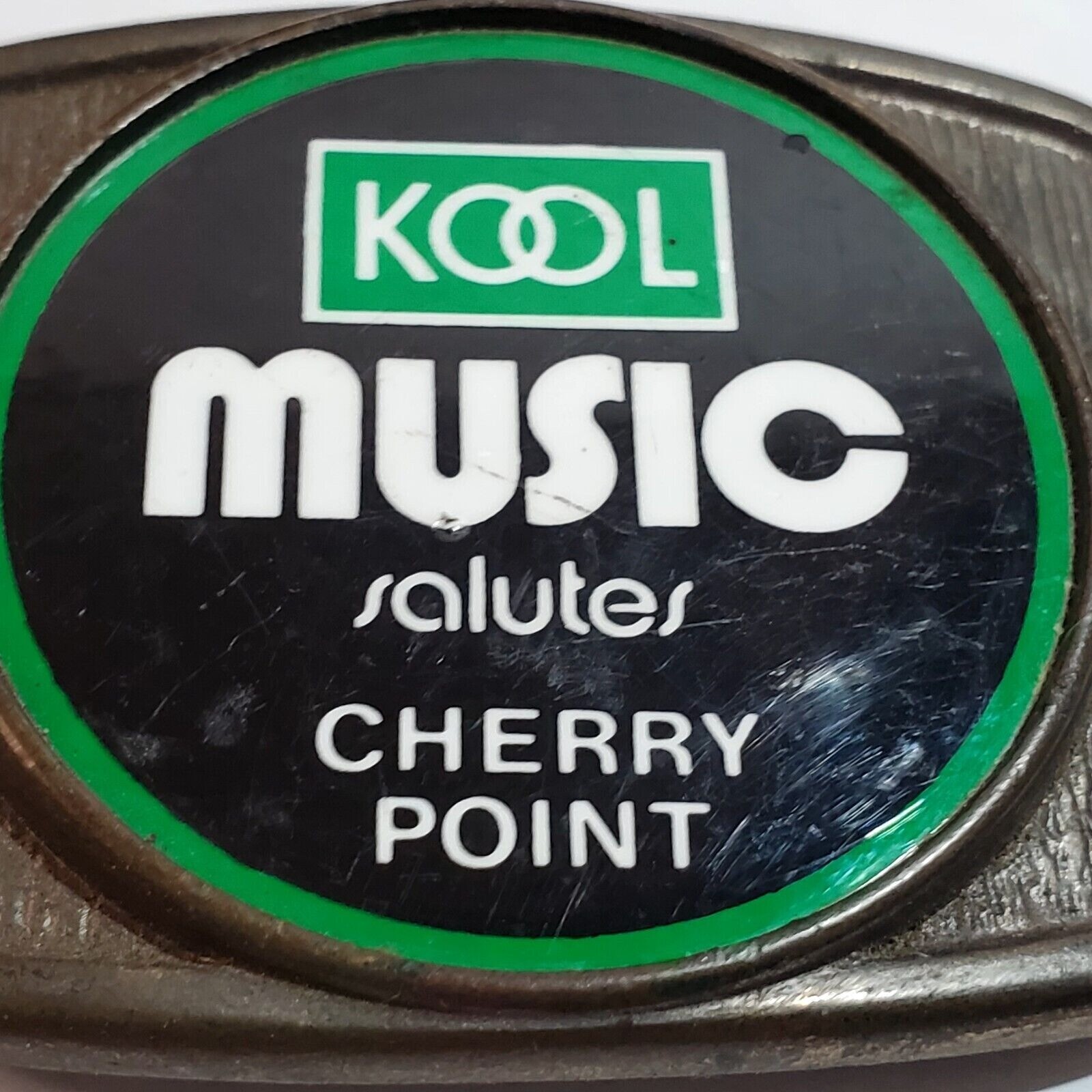 Vintage Kool Music Salutes Cherry Point Belt Buckle Pewter Tone Black Green
