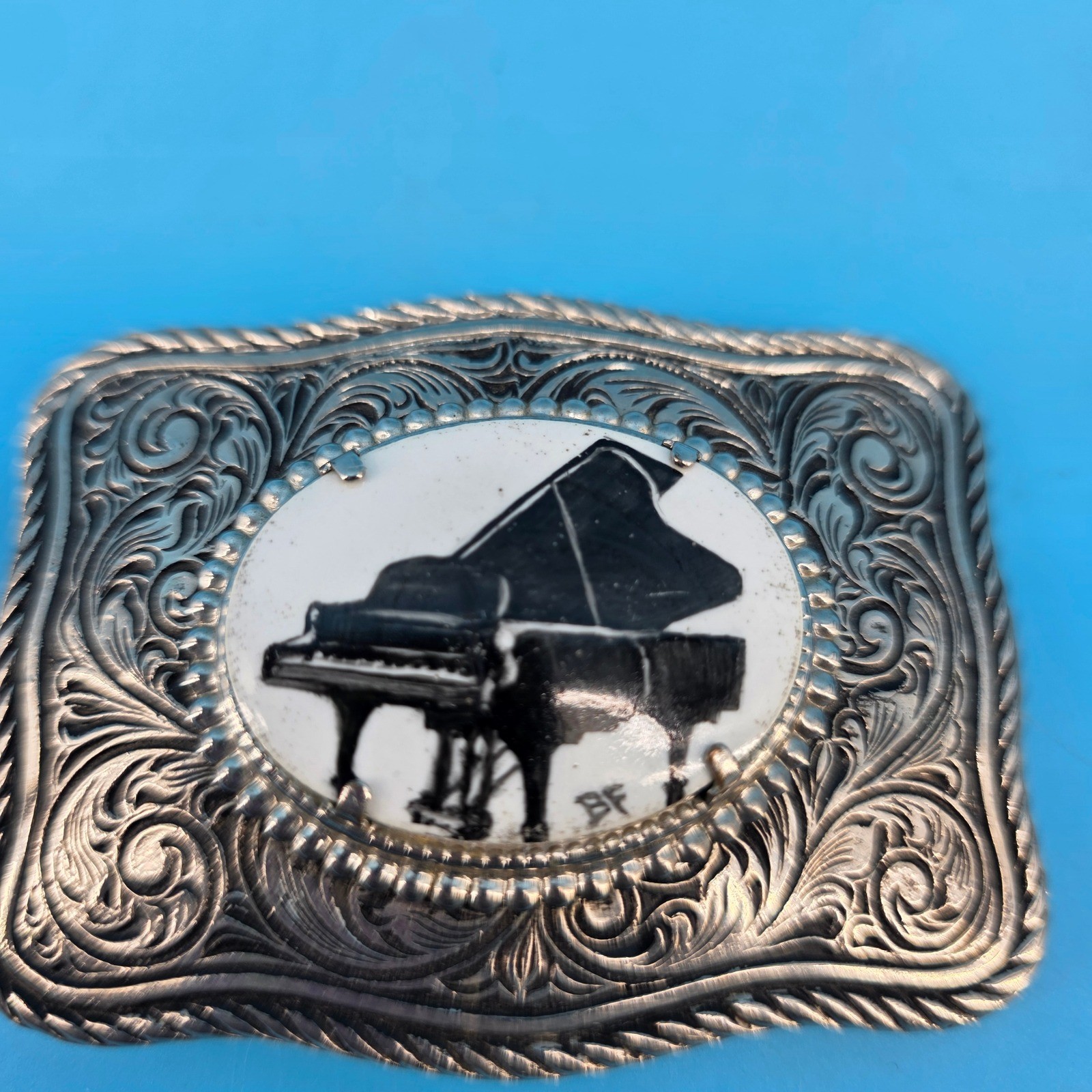 Vintage Western Belt Buckle Silver Tone Ornate Scroll Grand Piano