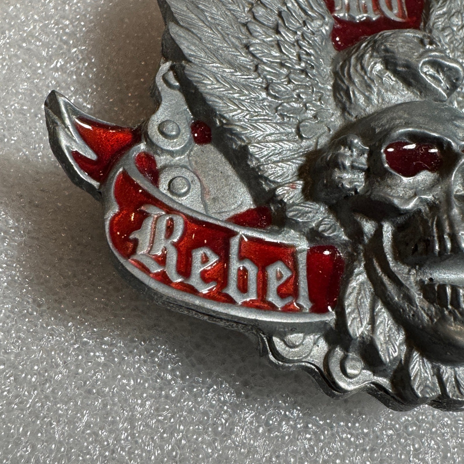 Winged Skull Eagle MC Rebel Rider Belt Buckle Silver Tone Red Enamel Reissue