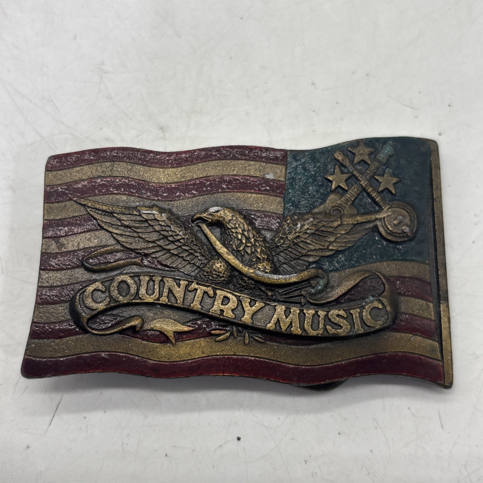 Vintage 1977 Belt Buckle Country Music Flag Eagle USA 3×2” Indiana Metal Craft