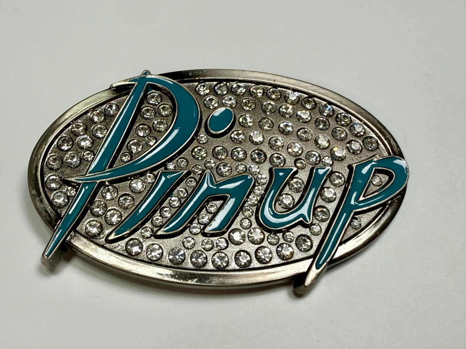 Pinup Girl – Blue Lettering Fashion Statement Novelty Jeweled Oval Belt Buckle