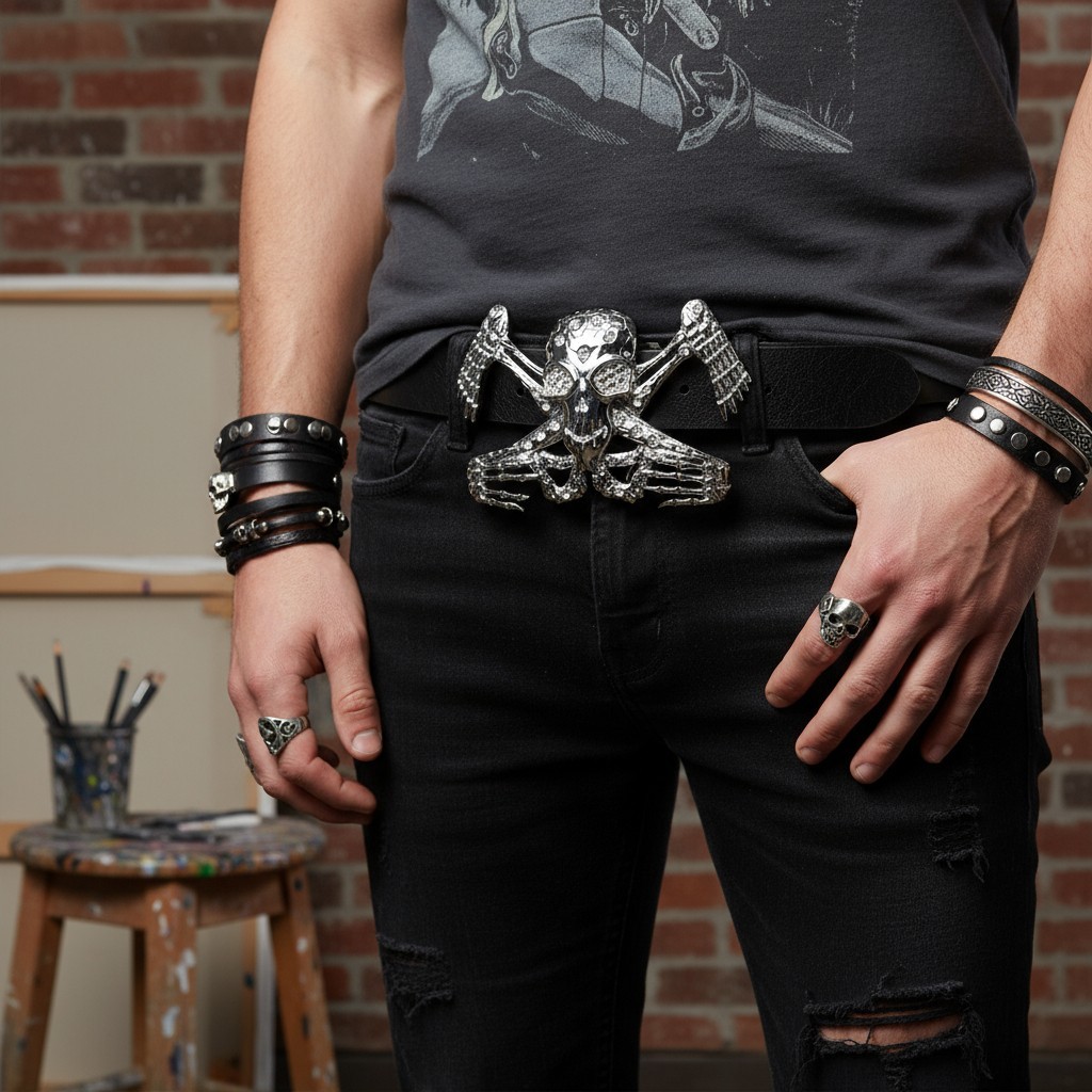 Men Western Belt Buckle Silver Metal Bling Skeleton Skull Big UFO Goth Emo