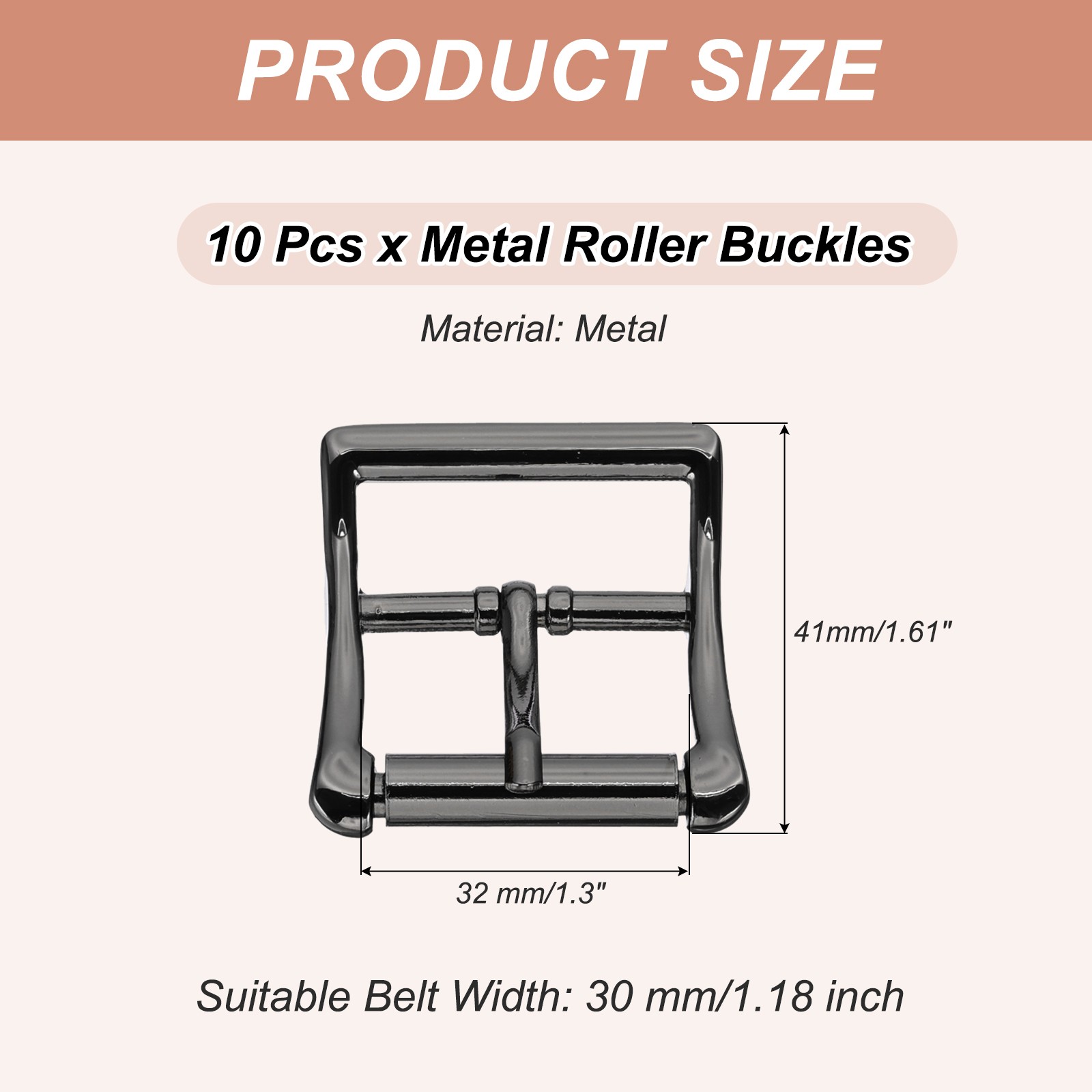 1.6&Prime;x1.3&Prime; Rectangle Shape Single Prong Belt Buckle (Black, Pack of 10)