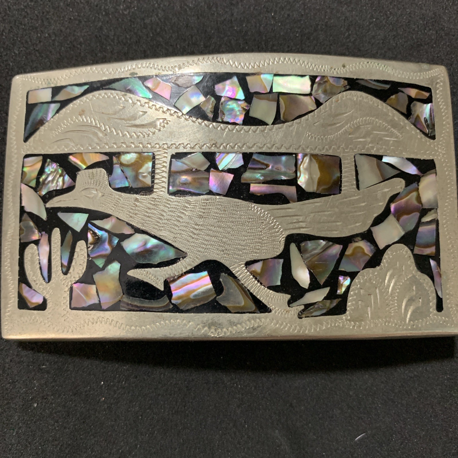 Western Belt Buckle with Roadrunner Bird Abalone Shell Southwest Cactus Inlaid