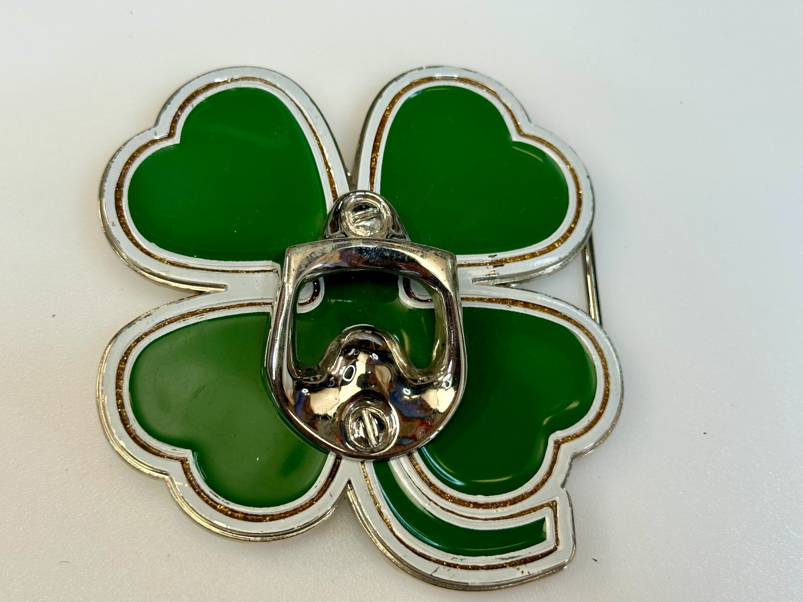 Lucky Four Leaf Clover Shamrock Cut Out Novelty Belt Buckle with Bottle Opener