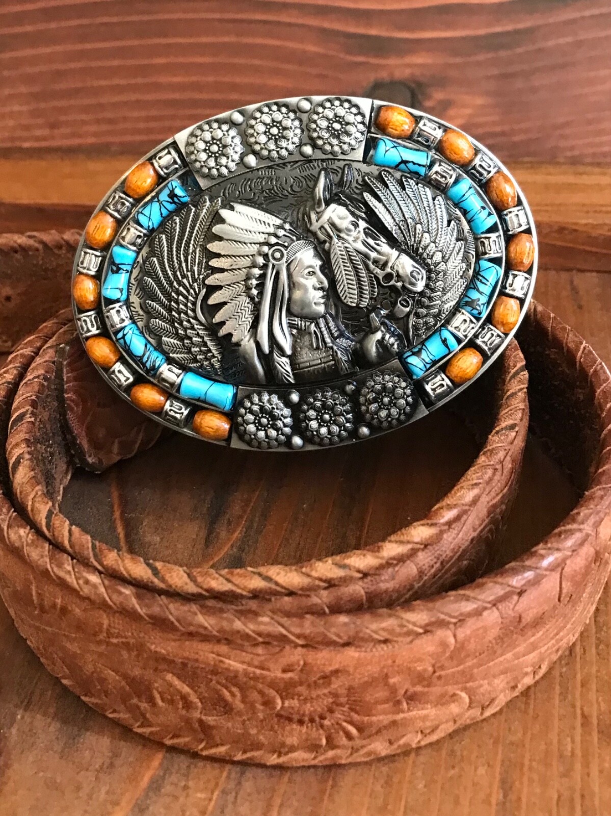 Men -women Belt Buckle Indian Chief horse and eagle wings 1.5&Prime; inlaid stone