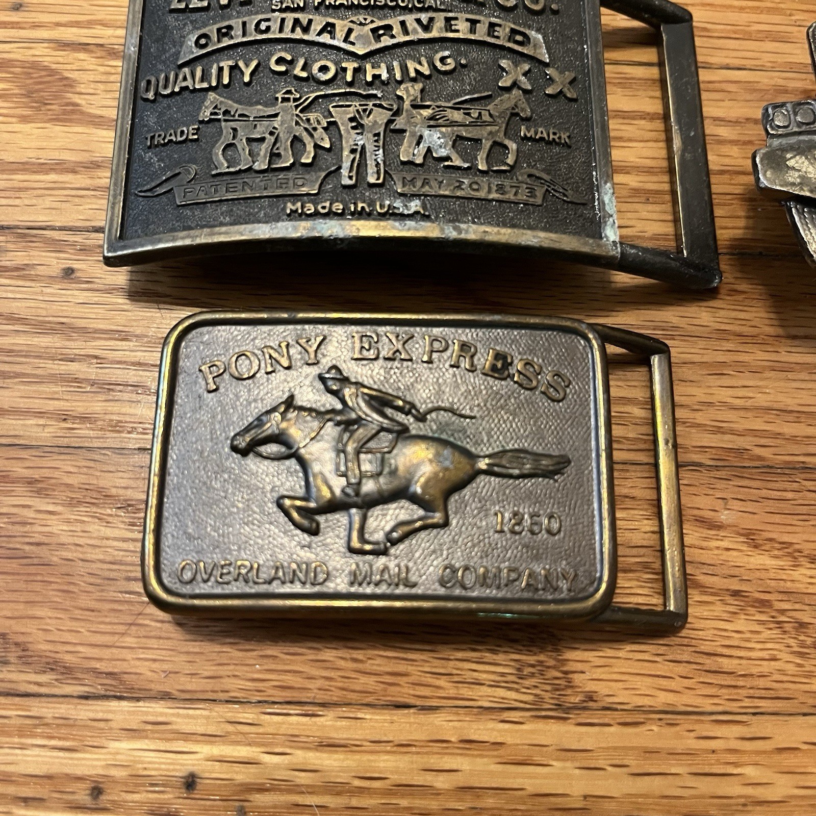 5 Vintage Brass Belt Buckles Levi’s Chevrolet Strohs Semi Trucking Made In USA