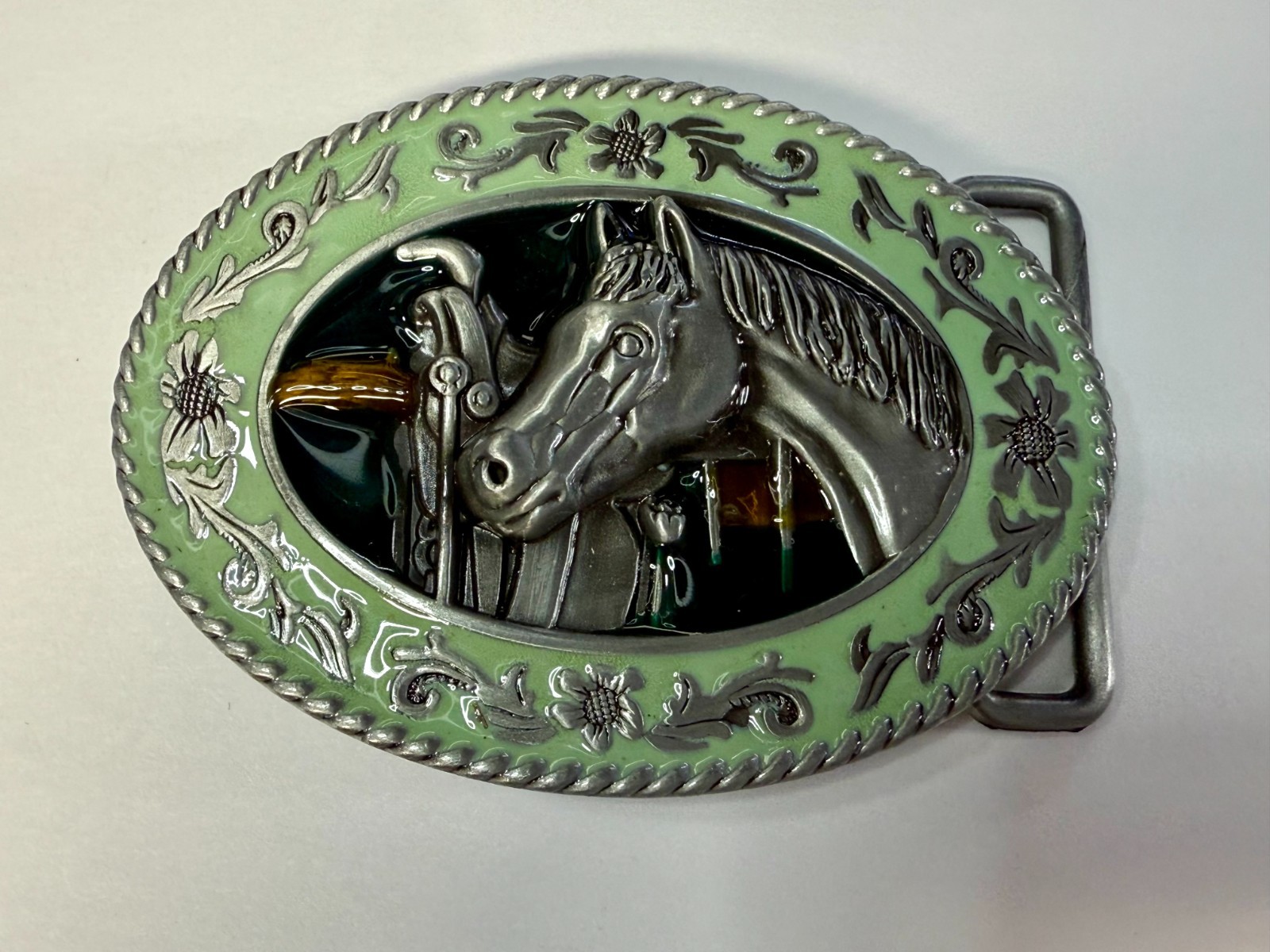 Horse Head and Saddle Enamel Rodeo Cowboys Cowgirls Dimensional Belt Buckle