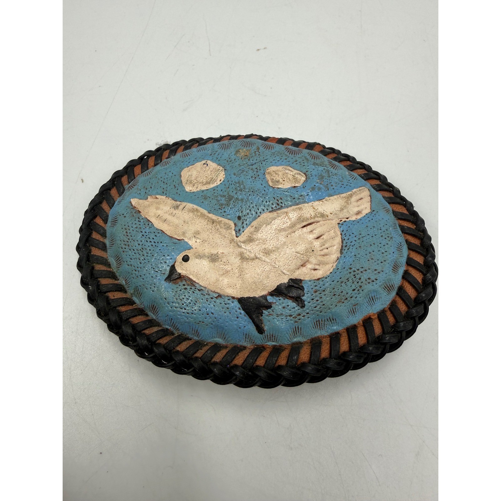 Vintage Hand Painted Leather Bird Belt Buckle Western Boho Braided Whipstitch