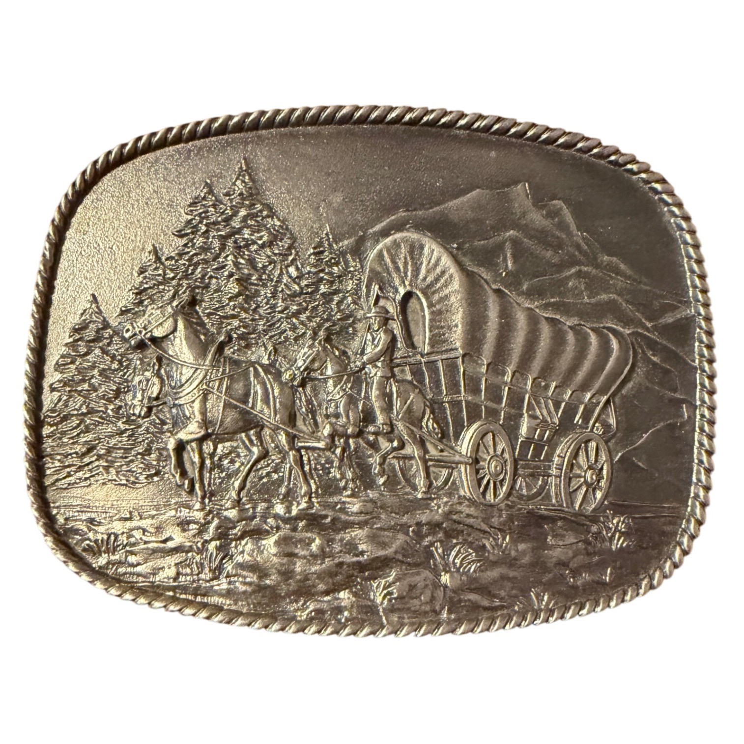 Vtg 1976 R&S Covered Wagon Horse Western Brass Tone Belt Buckle Rope Edge